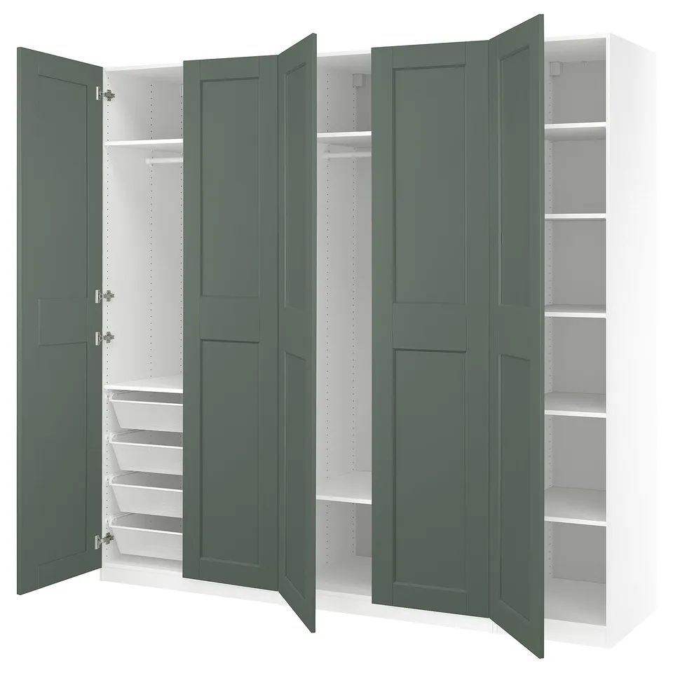A green PAX wardrobe with shelves and drawers, featuring soft closing doors.