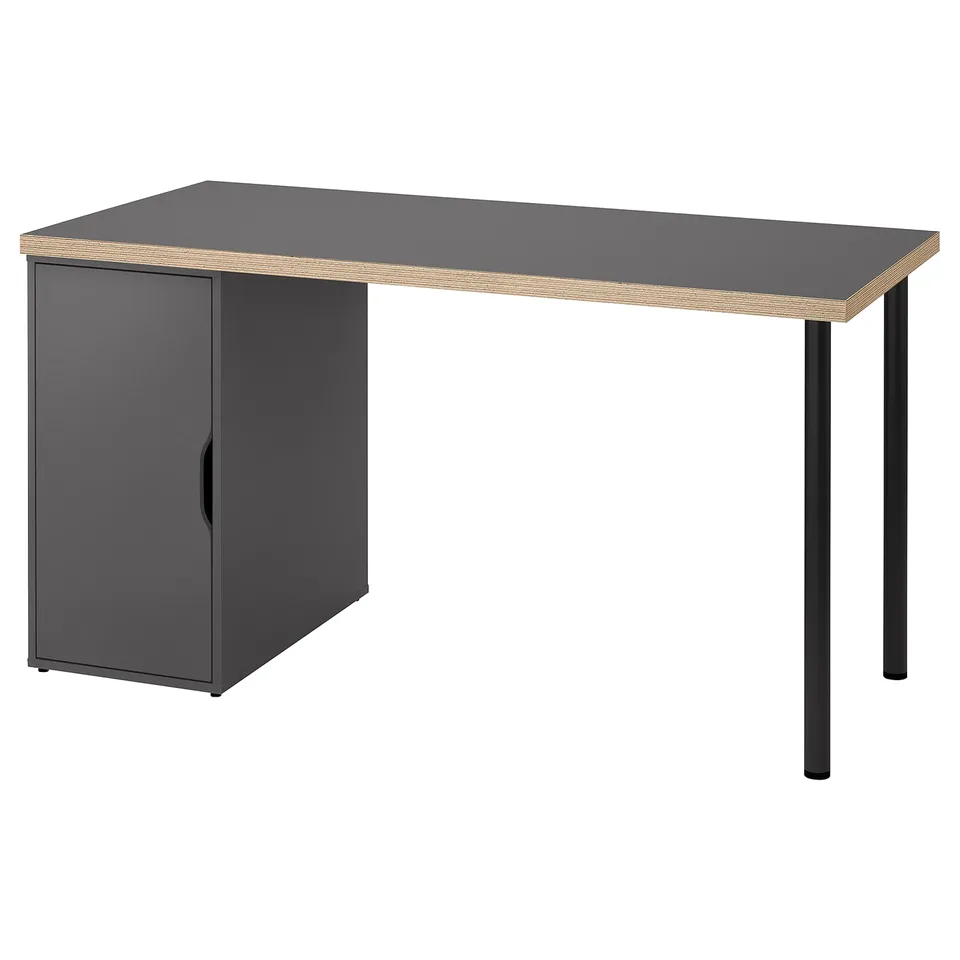 LAGKAPTEN desk, grey with wooden edge, black legs, minimalist design.