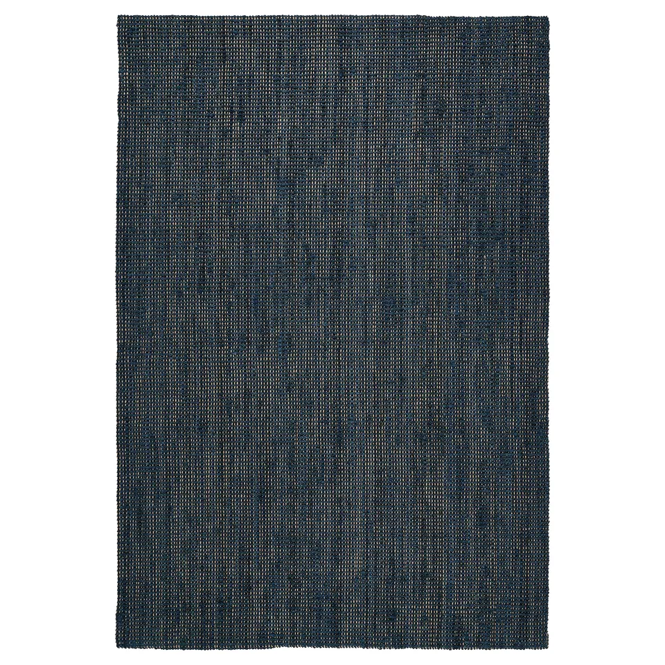 A dark blue LANDBANA jute rug. Its rectangular, flat-woven, and has a textured natural fibre design, ideal for a cosy room.