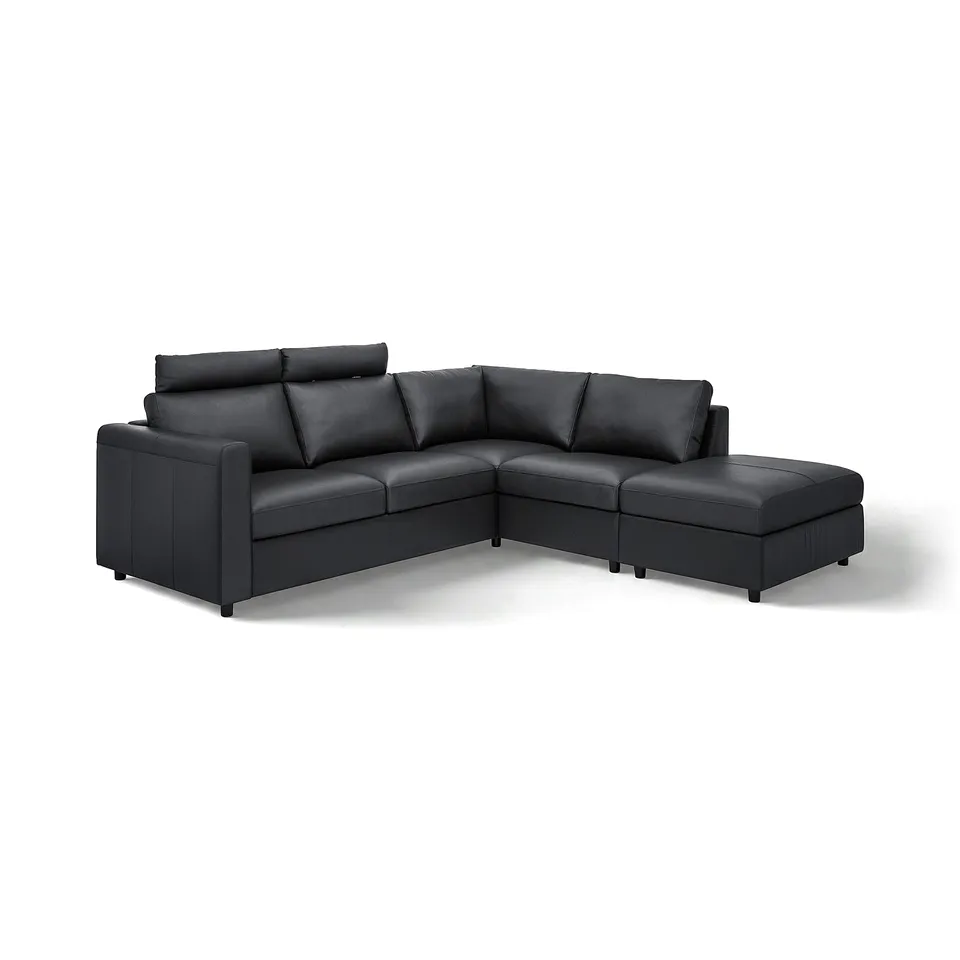 VIMLE modern sectional sofa, black, with storage ottoman, leather & fabric.