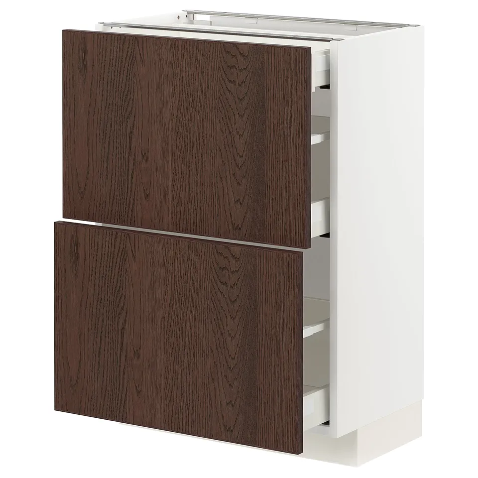 METOD kitchen unit: white base, dark brown oak wood drawers. Full extension drawers with dampers.