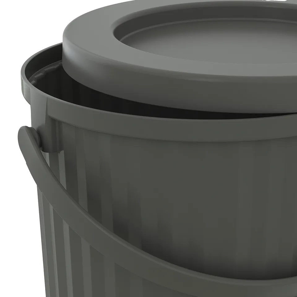Image shows a grey DAMMÄNG recycling bin with a secure lid and sturdy handle, designed for small waste like metal or batteries.