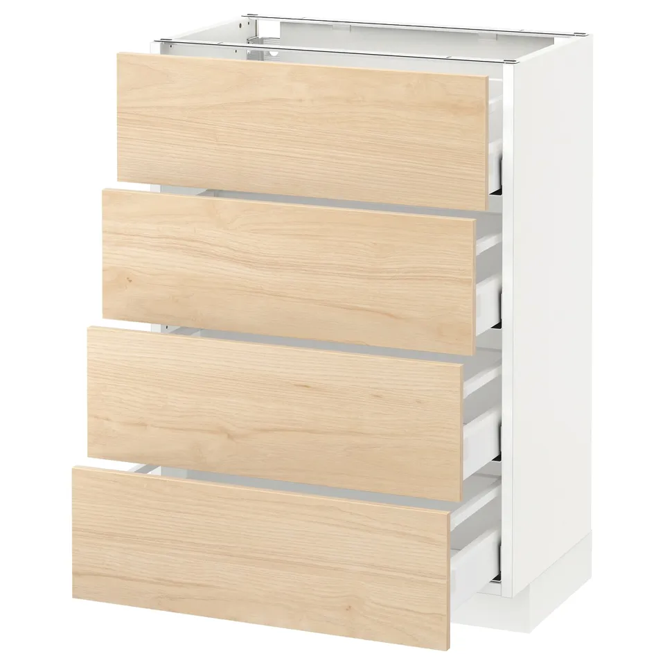 A white METOD kitchen cabinet with four light ash wooden drawers. The cabinet has a sleek and modern design, ideal for a contemporary kitchen.