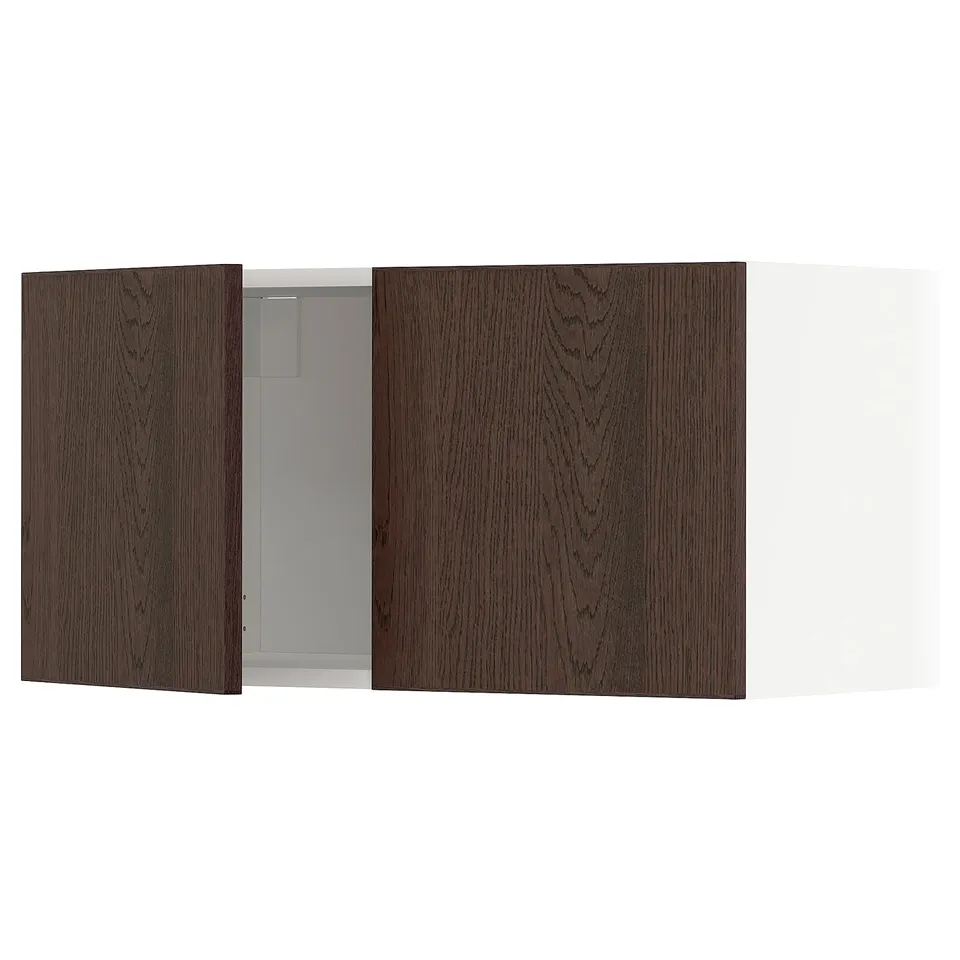 Dark brown wooden cabinet with glass door. Modern design, oak finish, rectangular shape.