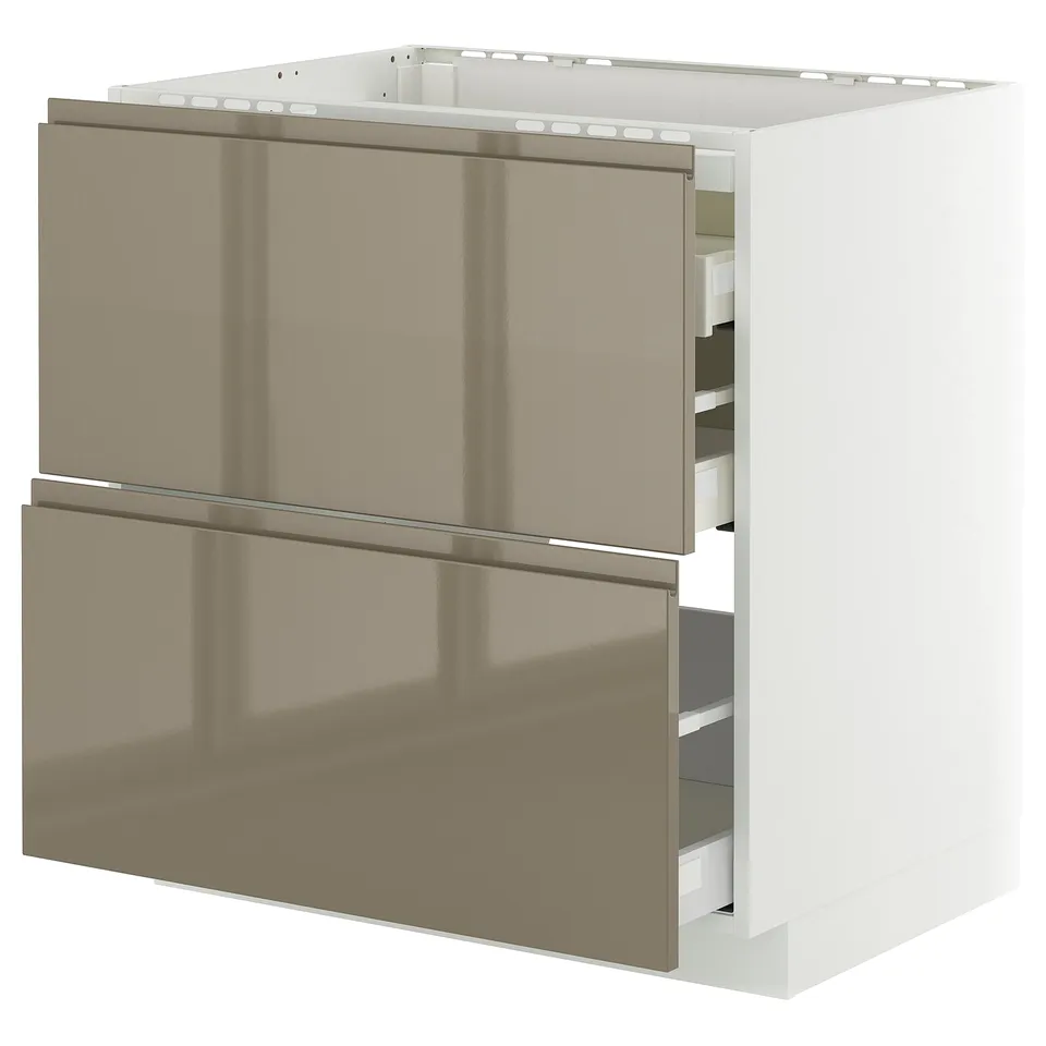 Modern kitchen unit, white with metallic bronze drawers, sleek design, 3 drawers, glossy finish.