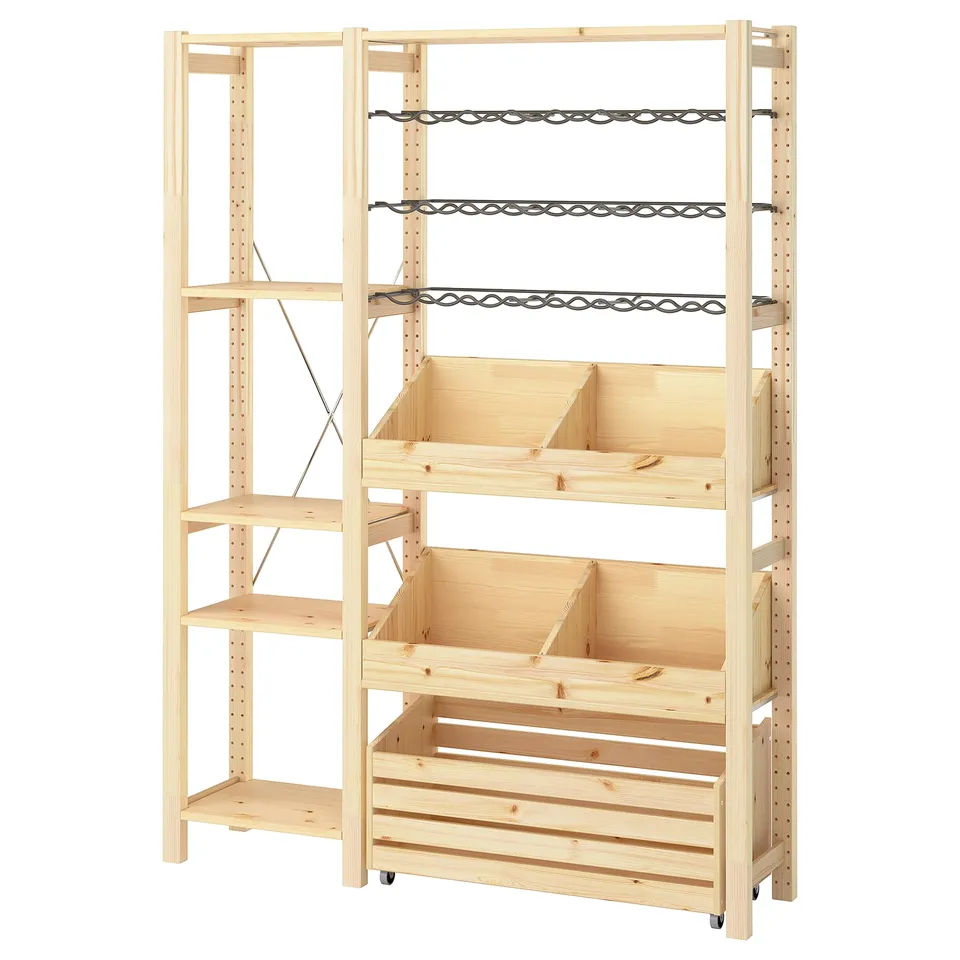 An IVAR light wood storage unit, featuring adjustable shelves, box shelves, and bottle racks.