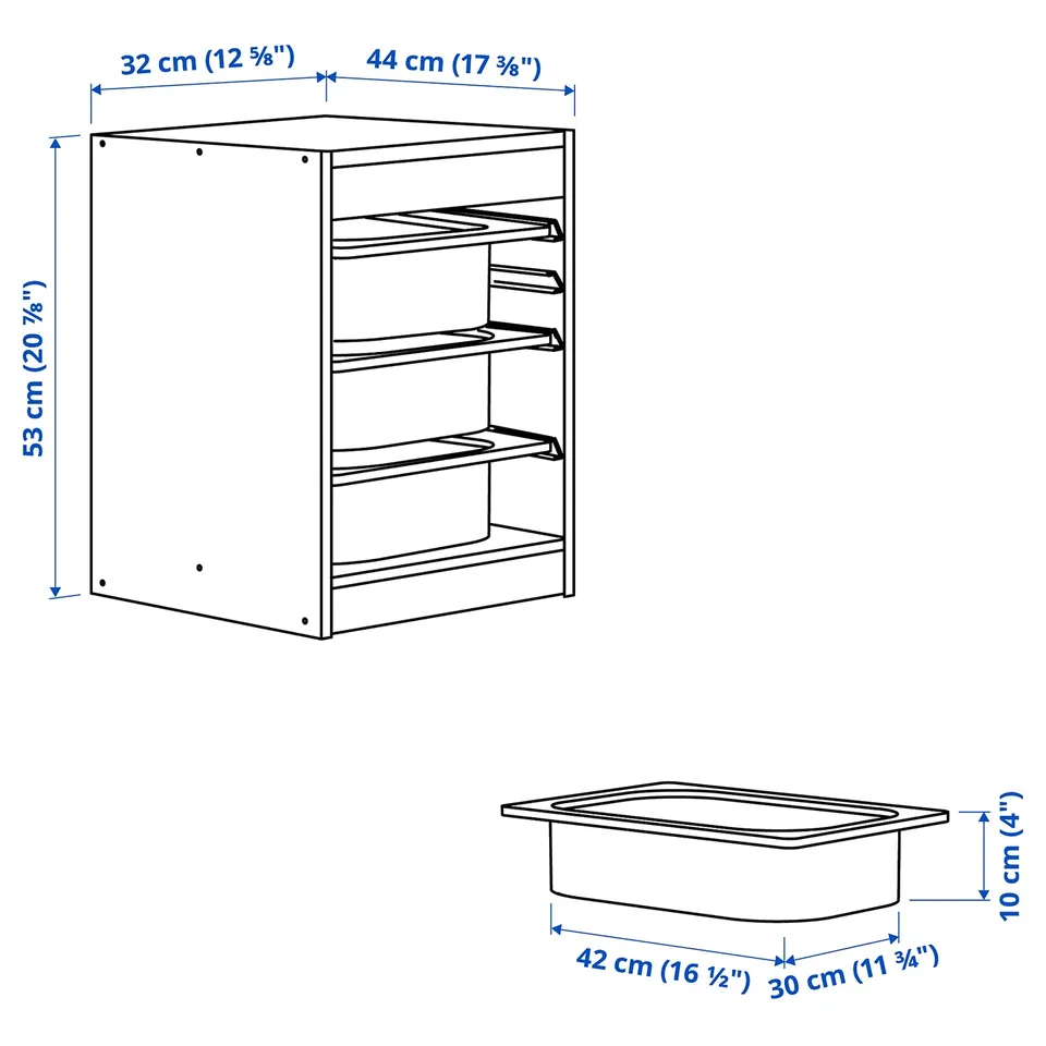 Illustration with measurements for the product: TROFAST.