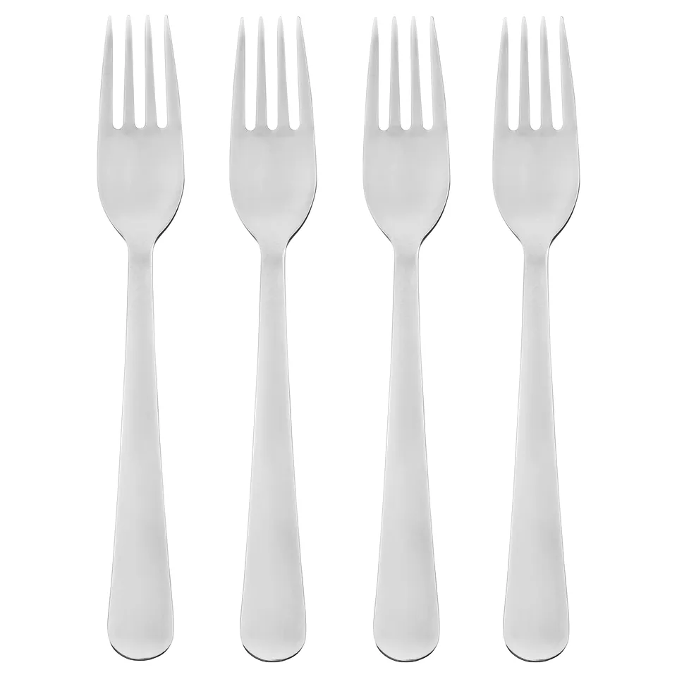 Four silver stainless steel forks aligned vertically, each with four prongs and a smooth handle.