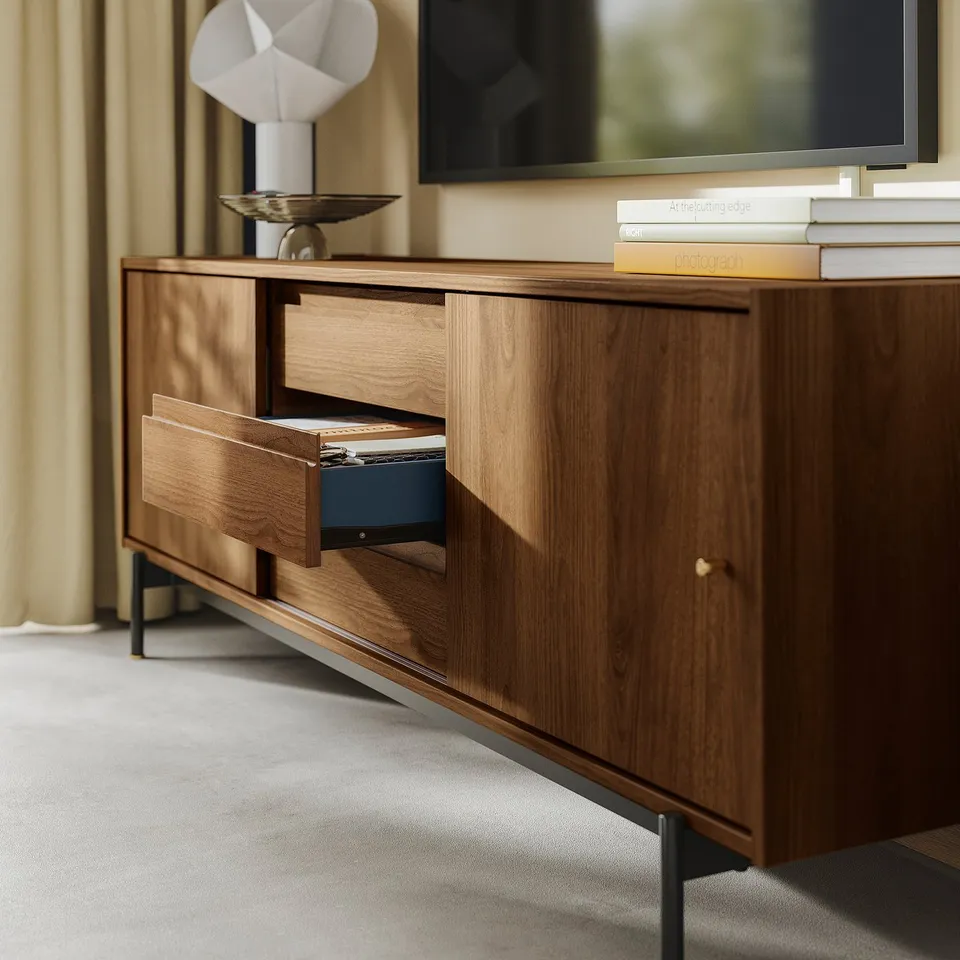 Wooden tv stand with open drawer revealing blue interior, displaying stylish mid-century design.