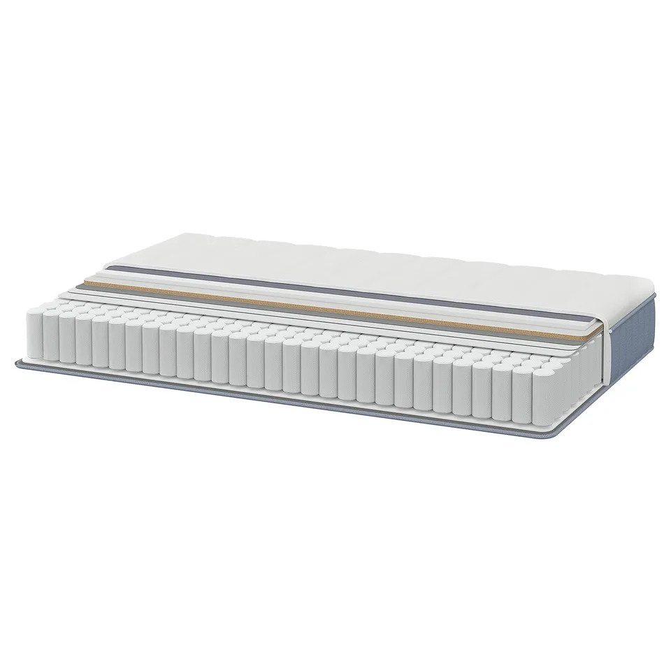 Cross-section of VALLBERGET mattress, showing polyester layers, pocket springs, and polyurethane foam.