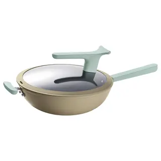 TRYCKARFISK wok with lid, non-stick coating light beige-green