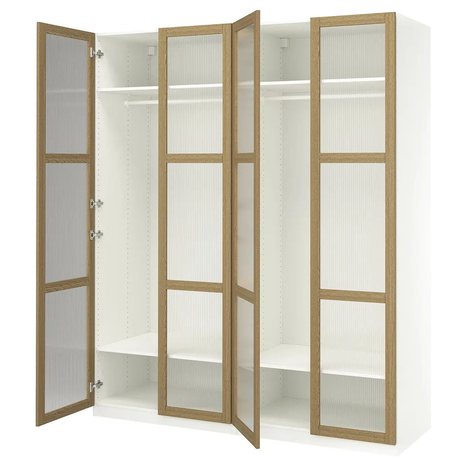 PAX wardrobe, white, oak, four open doors, adjustable shelves, modern design.