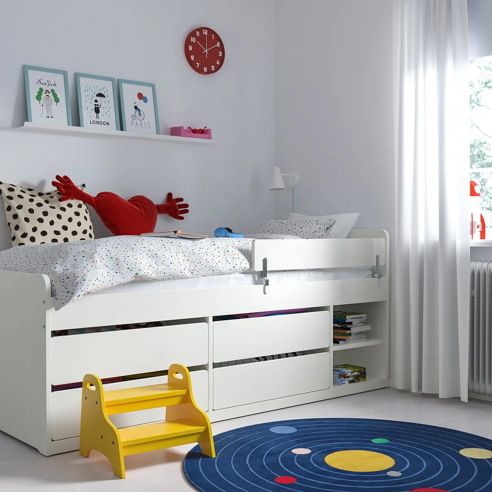 part: SLÄKT / NATTAPA bed frm w strg+guard rl+slat bd bse
