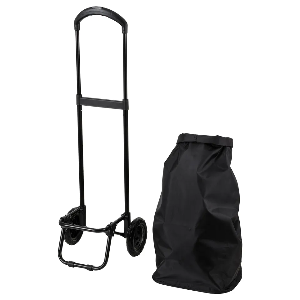 Black foldable shopping cart and reusable bag combo. Made of recycled polyester. Adjustable handle. Sturdy wheels and frame. Eco-friendly design.