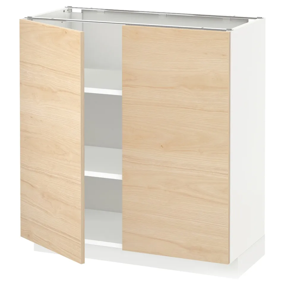 A light wood-colored, white-edged METOD kitchen cabinet. It two large doors and open shelves.