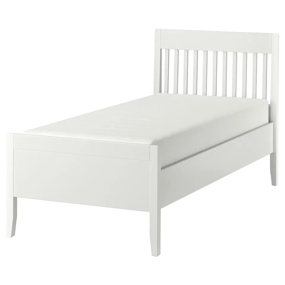 A white IDANÄS bed frame. It vertical slats on the headboard and has a sturdy, clean design with adjustable bed sides.