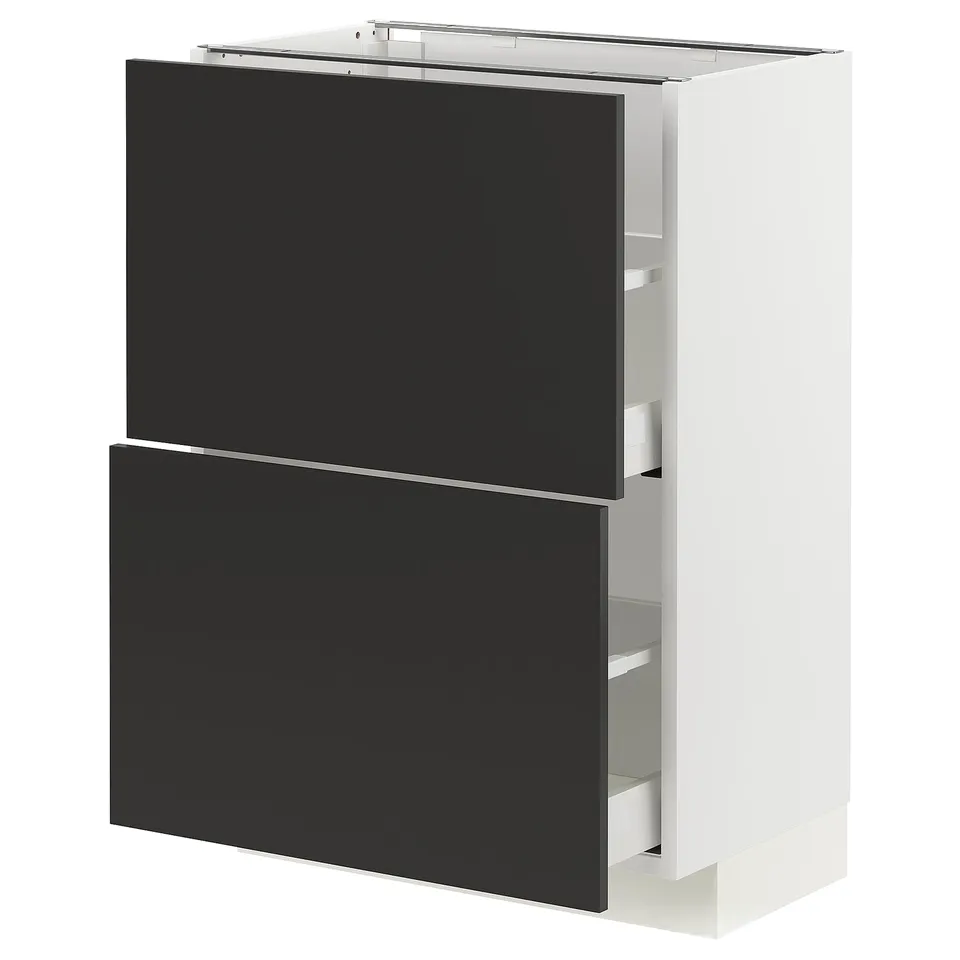 METOD kitchen cabinet in white with black drawers. Modern, rectangular design with smooth fronts.