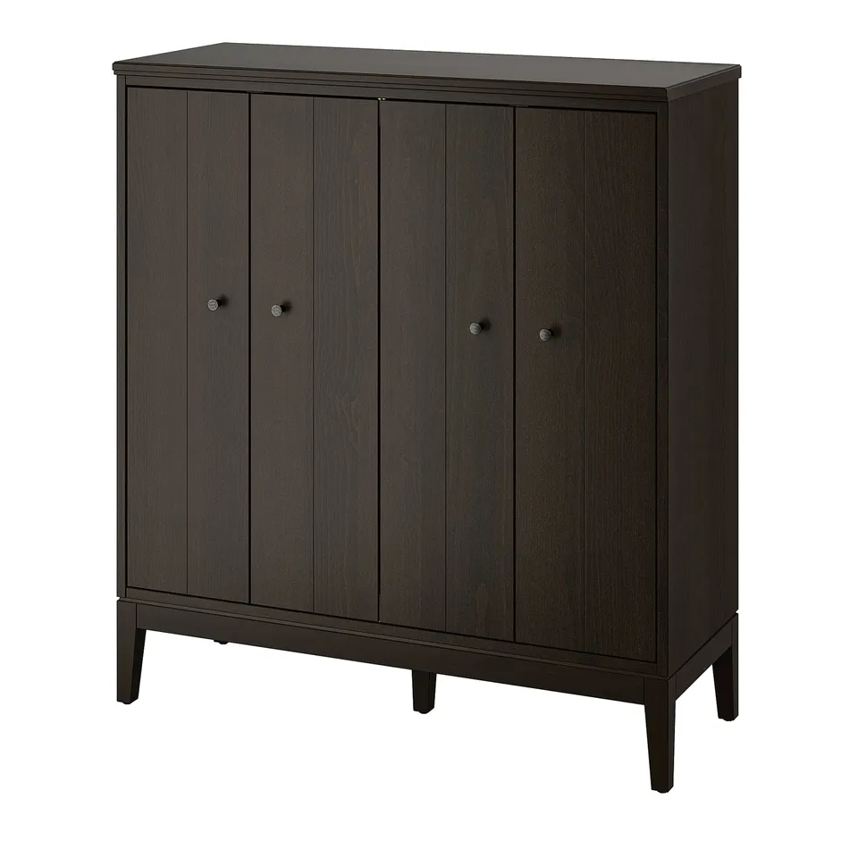 Black IDANÄS wardrobe with 4 folding doors for closed storage, sleek beech veneer design.