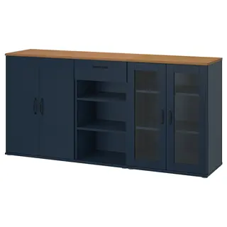 SKRUVBY storage combination w glass doors, black-blue, 190x90 cm
