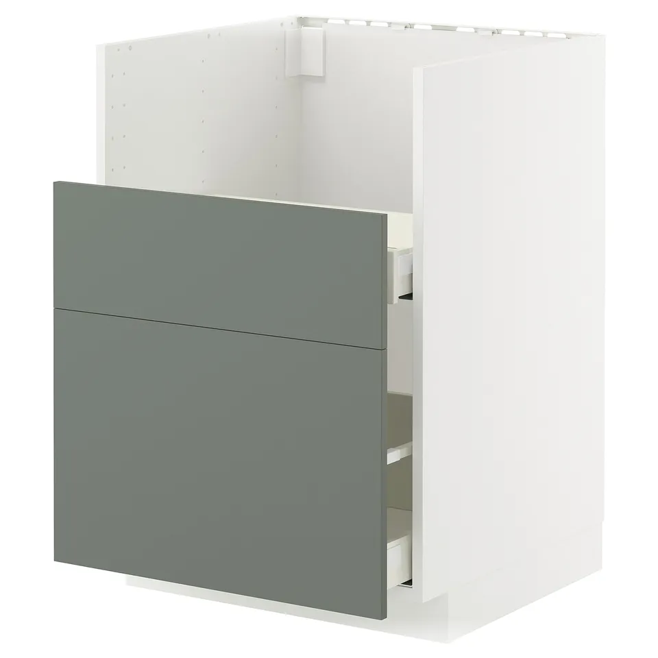 Modern grey-green METOD kitchen cabinet with smooth drawers, sleek design.
