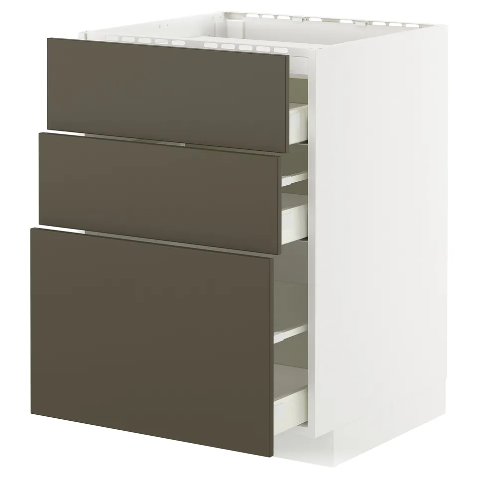 Its a white METOD kitchen unit with three dark brown havstorp drawers. The drawers have a sleek, rectangular design.