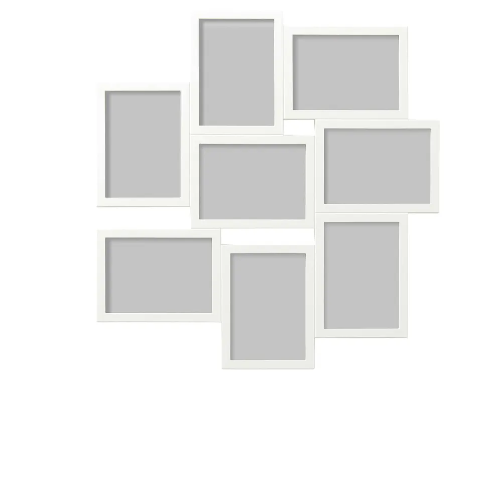 Eight empty white picture frames arranged together.
