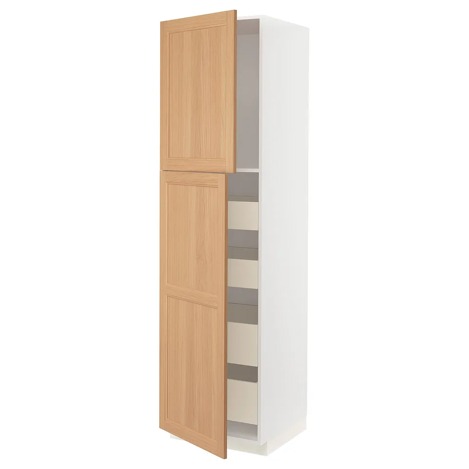 Oak METOD kitchen cabinet, tall with open door and shelves