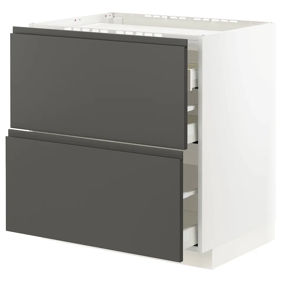 A modern, dark grey kitchen cabinet with two drawers. Part of the METOD system, it sleek handles and sturdy construction.