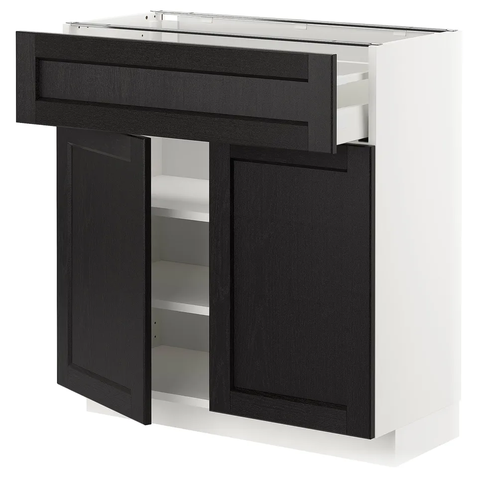 Modern cabinet: METOD with black lerhyttan doors, white base, adjustable shelves.