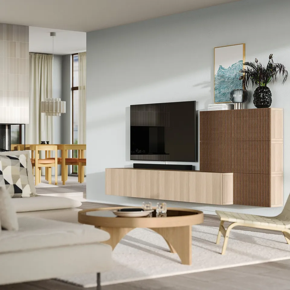 BESTÅ Media storage combination, white stained oak effect Lappviken/Björköviken brown, 300x42x114 cm