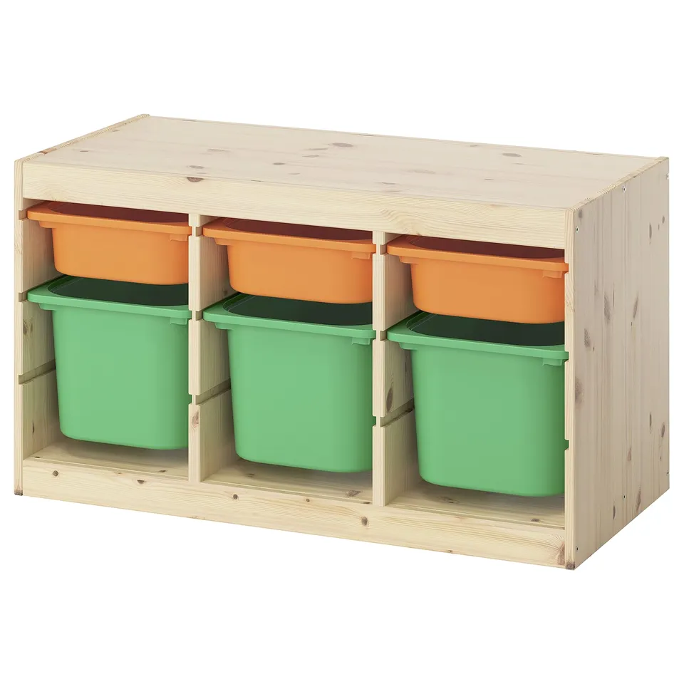 Ikea TROFAST toy storage unit, wooden frame with orange and green plastic bins.