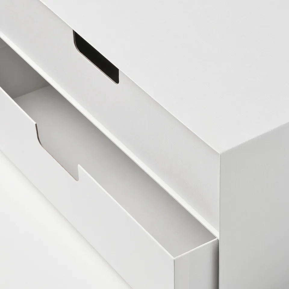 Modern white mini chest with cut-out handle, part of the FJÄDERHARV series, designed for organising items neatly.