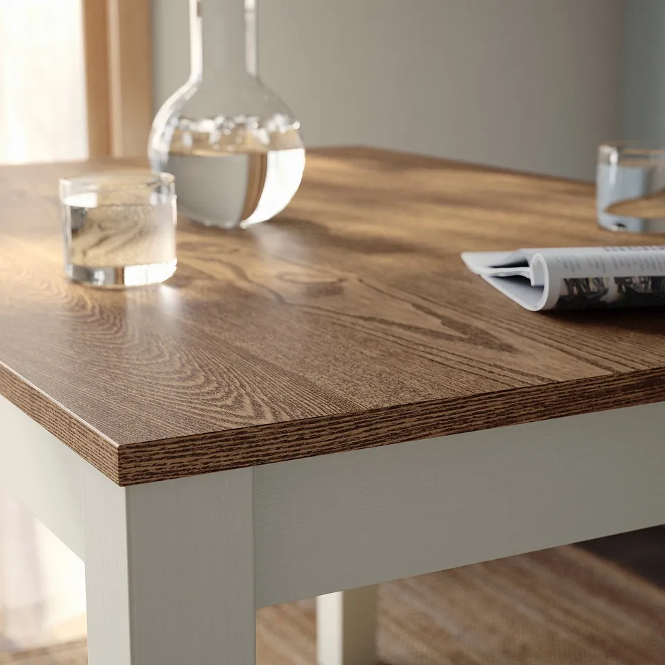 Polished wooden table with natural grain, modern design, sturdy and clear finish.