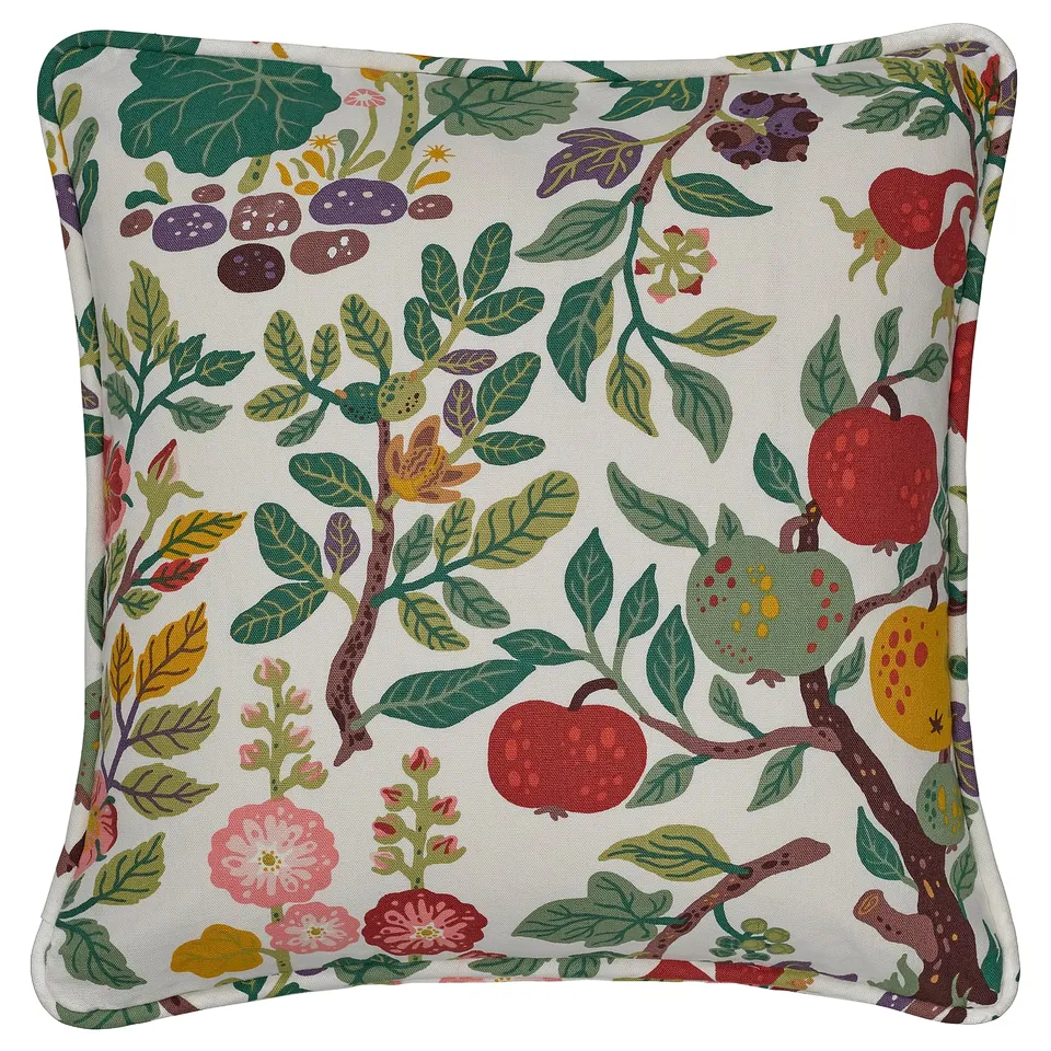 VILDPERSILJA: white cushion with colourful fruits, flowers, & leaves. Cotton/linen blend, square, zip closure.