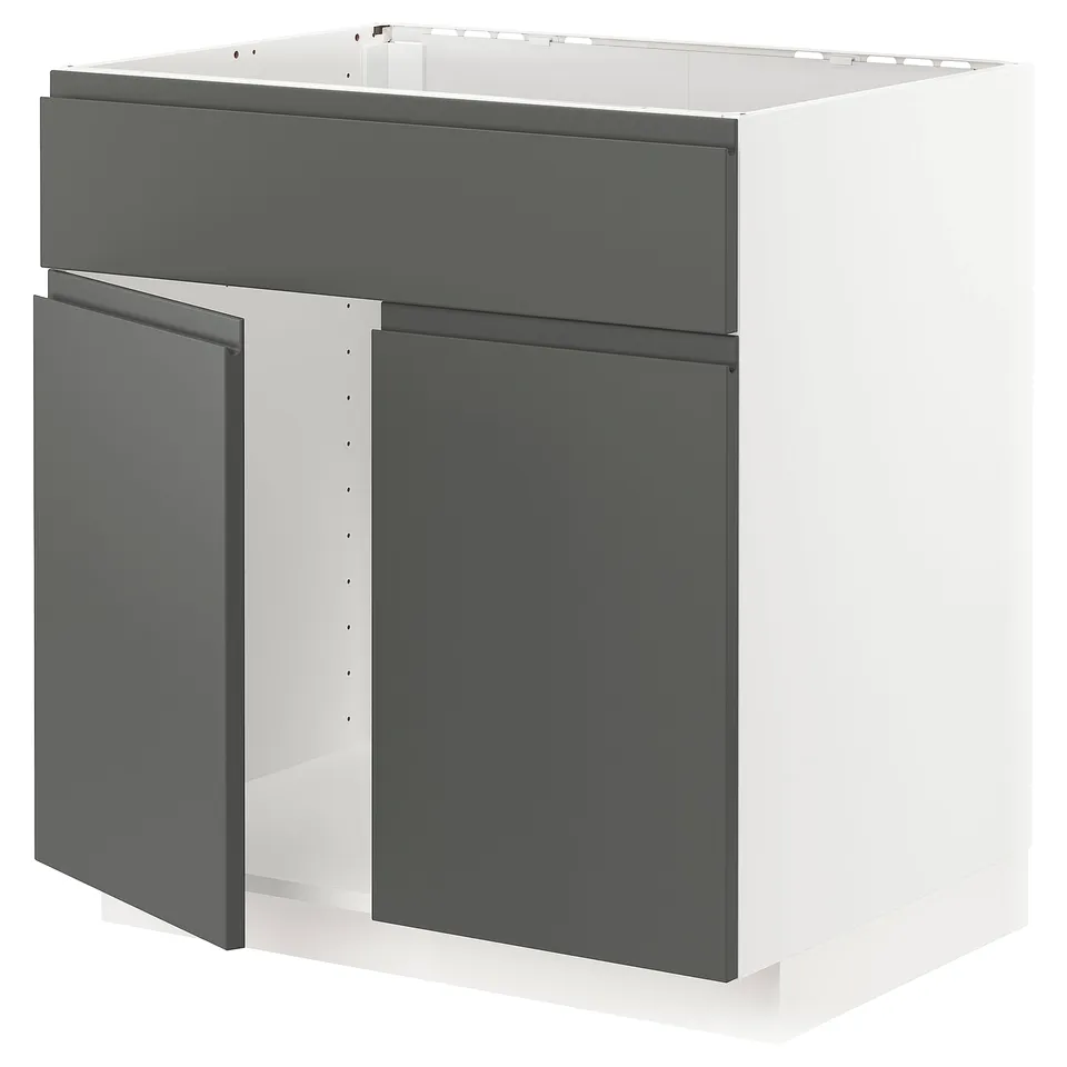 Modern grey kitchen cabinet with sleek handles and sturdy white frame.