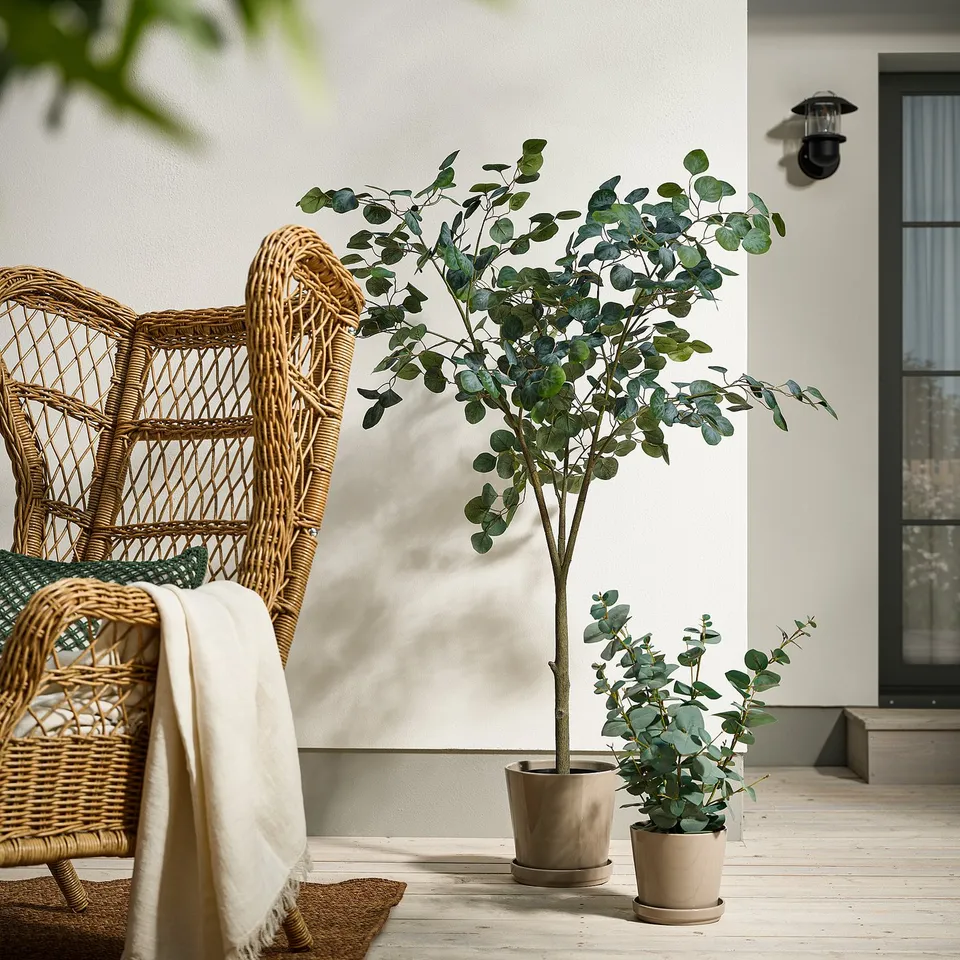 Cosy living room with FEJKA plant, wicker chair & blanket.