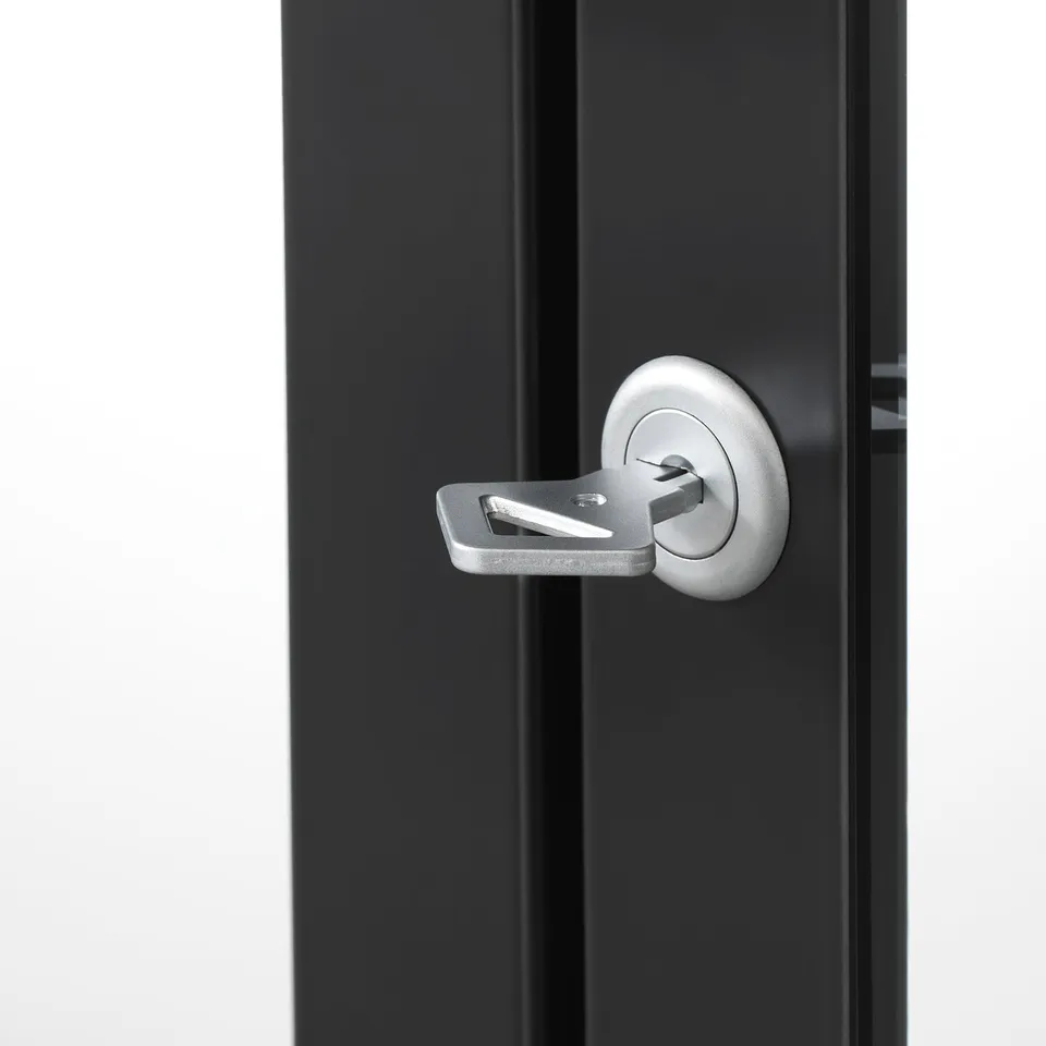 Modern silver lock on black door, high-quality finish & secure design.