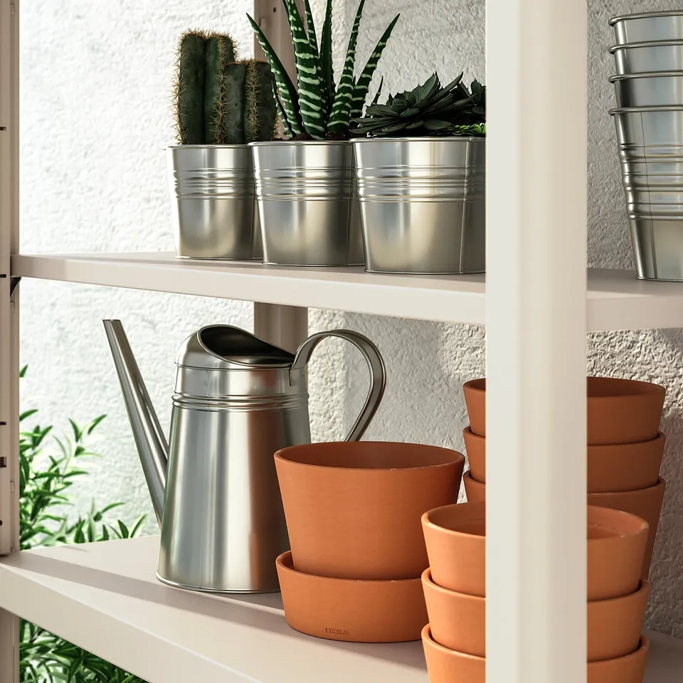 Eleration, shelving unit with adjustments for uneven floors; stores plant pots and garden tools, both indoors and outdoors.