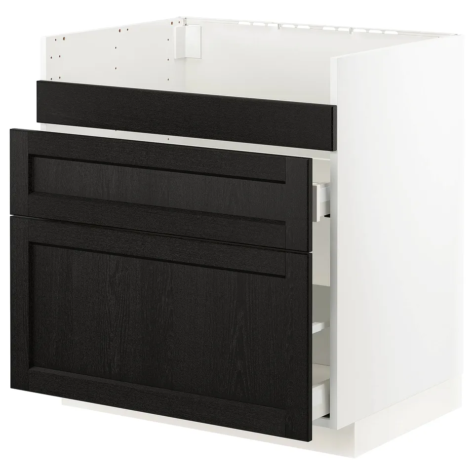 Modern kitchen unit: METOD, black stained wood, white frame, 3 drawers.