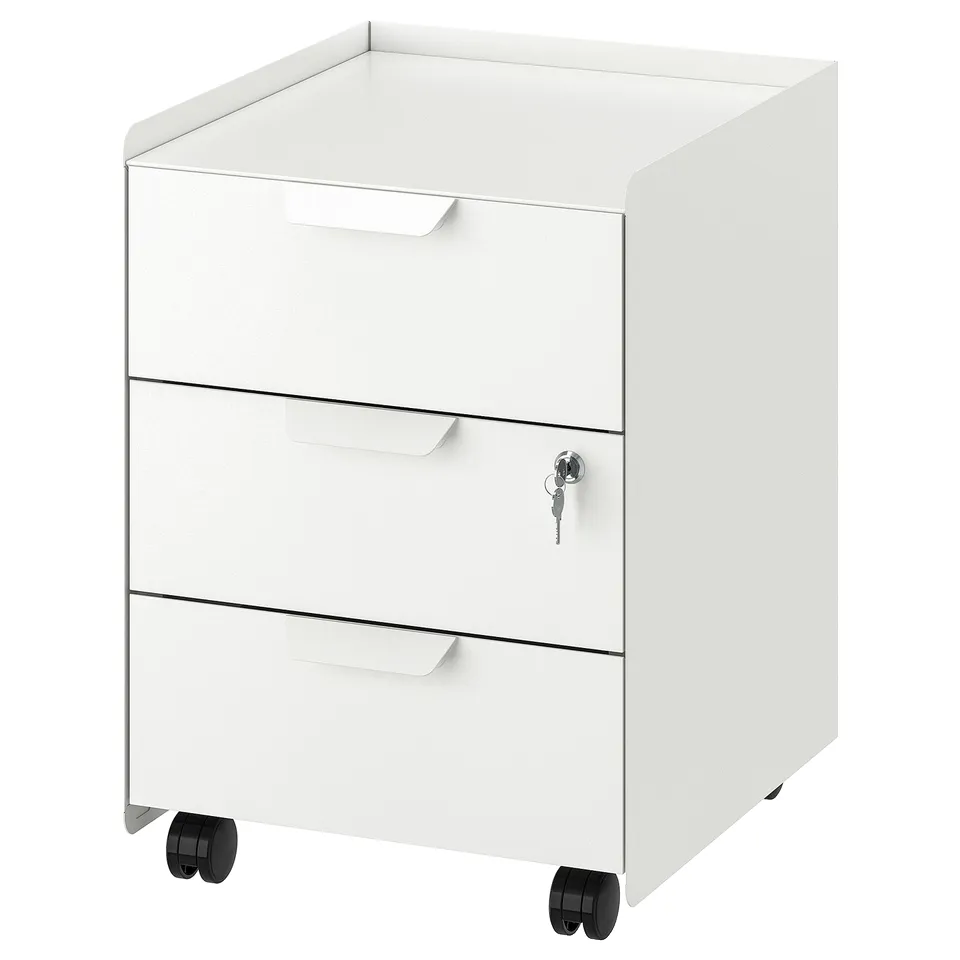 White filing cabinet, 3 drawers, 4 wheels.