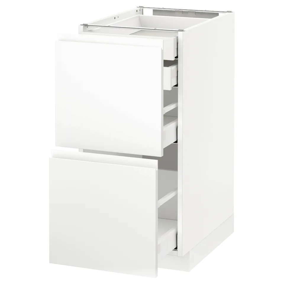 White kitchen cabinet, sleek design with integrated handles, two drawers, modern minimalist.