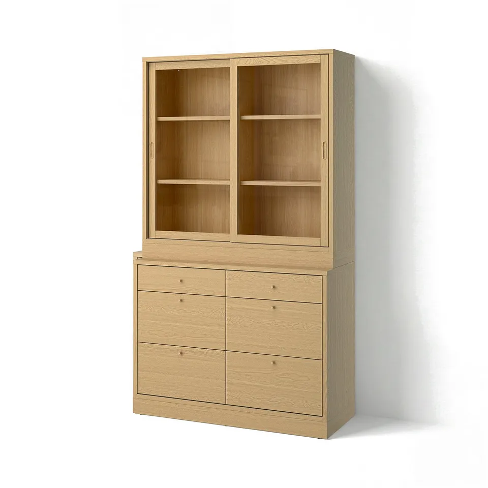 TONSTAD light wood storage. Combines drawers and glass cabinet. Contemporary design with veneer finish.