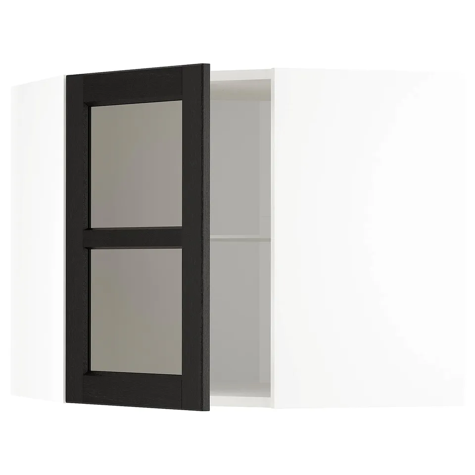 Black stained wooden kitchen cabinet with glass doors, square shape, modern design, adjustable shelves.