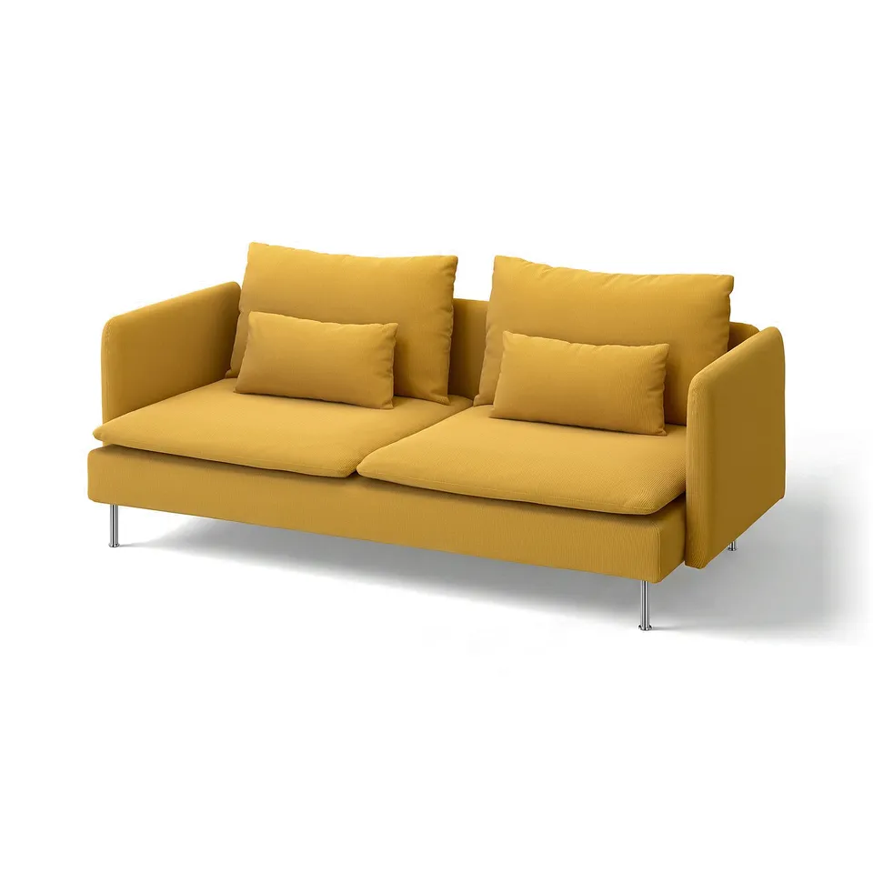 Bright yellow SÖDERHAMN sofa; modern, deep seats with removable cushions on metal legs.