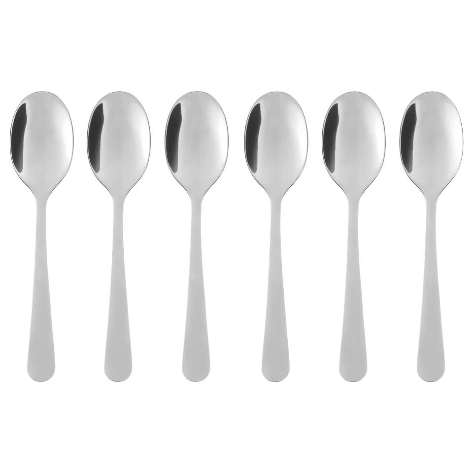 Six shiny silver spoons lined up neatly, sleek design, stainless steel.