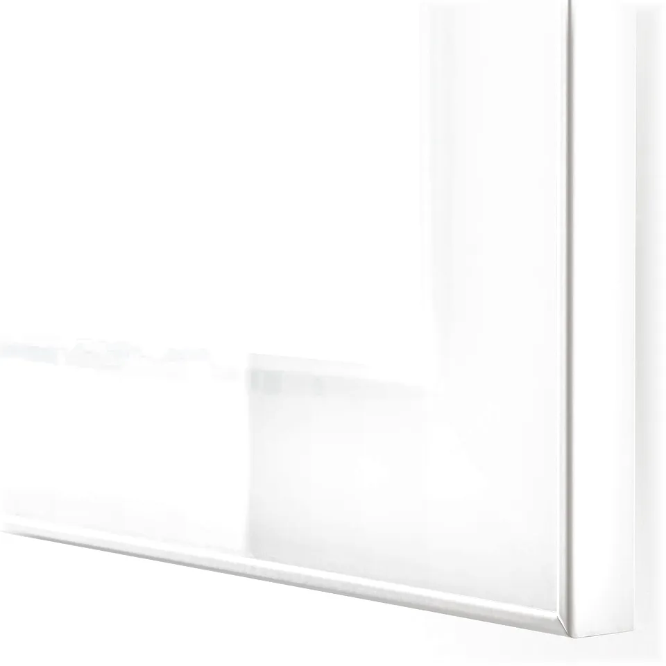 Close-up of sleek, modern white cabinet edge; smooth, shiny finish; clean lines suggest quality and durability.