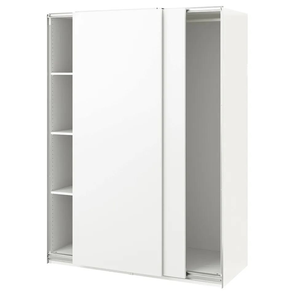 A white PAX wardrobe with sliding doors, minimalist design, and adjustable feet.