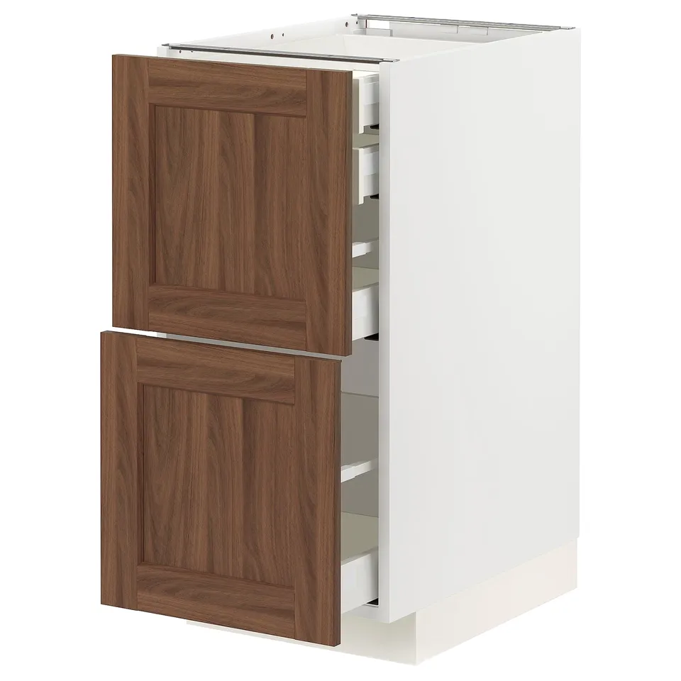 METOD storage unit with walnut-brown doors. Multiple drawers, modern design, and a sturdy structure.