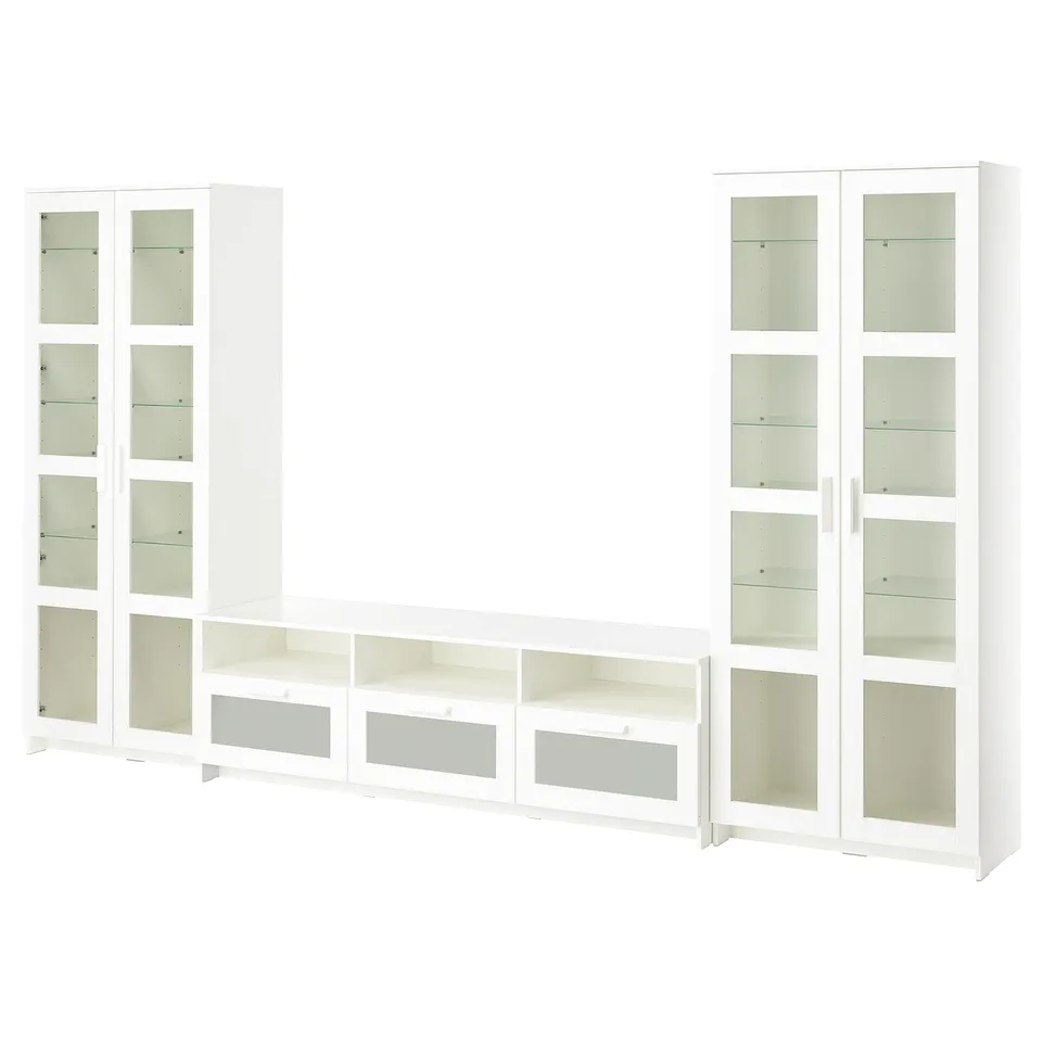 White BRIMNES storage set with glass doors & shelves, ideal for minimalist living rooms.