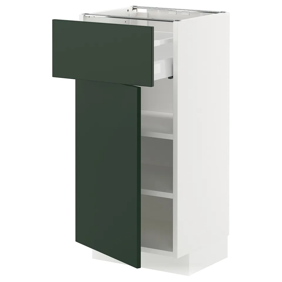 METOD kitchen cabinet in dark green and white, rectangular with open drawer.